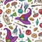 Seamless pattern of Magician and alchemy tools: skull, crystal, roots, potion, feather, mushrooms, hat. Halloween