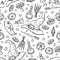 Seamless pattern of Magician and alchemy tools: skull, crystal, roots, potion, feather, mushrooms, hat. Halloween