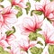 Seamless pattern with magnolia flowers on the white background. Fresh summer tropical blossoming pink flowers for fabric