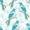 Seamless pattern, magpie birds on a background of ginkgo leaves, turquoise shades. Print, textile, bedroom decor