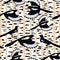 Seamless pattern with magpies birds flying in a birch forest. Vector illustration.