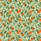 Seamless pattern with mandarins and leaves on light green background