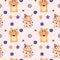 Seamless pattern with Maneki neko, japanese lucky cat, fortune symbol. Cute kitty character of oriental flat vector