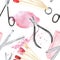 Seamless pattern manicure. Watercolor illustration.A palette of nail polish color samples, scissors, nippers, nail file