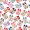 Seamless pattern of many colored woman`s shoes over white background