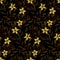 Seamless pattern with many different contour flowers, leaves, herbs on a dark background. Vector.