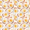 Seamless pattern with many fried eggs and toasts.