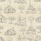 Seamless pattern with many houses and trees.