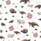 Seamless pattern with marine coral fish and turtles. Watercolor hand drawn. The concept of labels, packaging, textiles.