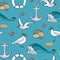 Seamless pattern with marine elements. Cartoon anchor, lifebuoy, seagull, starfish, stones and wave on blue water