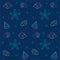 Seamless pattern - marine inhabitants on a classic blue background. Linear multicolored shells, fish, starfish and bulbs - vector