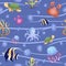 Seamless pattern with marine life on a blue background with waves: octopus, fish, jellyfish, crab, corals, algae.Digital