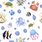 Seamless pattern with marine life: octopus, fish, jellyfish, crab, corals, algae. Digital illustration. Children's