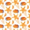 Seamless pattern with marine starfish. Watercolor background. Can be used for fabric, wallpaper, banner, pack, web page