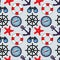 Seamless pattern on the marine theme. Compass, binoculars, anchor, rudder and lifebuoy on a striped background. Print.