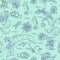 Seamless pattern on marine theme. Underwater inhabitants. Fish, dolphin, octopus, crab, seahorse, jellyfish. Linear drawing. Blue