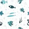 Seamless pattern on the marine theme. vector with cartoon colored fish, algae, anchor, decorative elements.