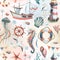 Seamless pattern with marine underwater inhabitants, a lighthouse and a boat. Watercolor illustration on a white