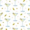 Seamless pattern of martini cocktails with olives on a white background. Cold summer drinks in a flat style