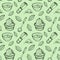 Seamless pattern with matcha elements. Japanese ethnic and national tea ceremony. Hand drawn vector illustration. Can be