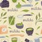 Seamless pattern with matcha elements. Japanese ethnic and national tea ceremony. Matcha powder, macarons,  tea leaves, tea pot,