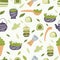 Seamless pattern with matcha elements. Japanese ethnic and national tea ceremony. Matcha powder, macarons,  tea leaves, tea pot,