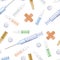 Seamless pattern with medical accessories. Syringe, ampoule, plaster and pills