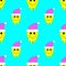 Seamless pattern with melting smiley face in pink Santa hat