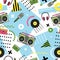 Seamless pattern in memphis style with hand drawn retro musical equipment. Record player, headphones, cassette