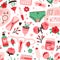 Seamless pattern with menstruation blood, women underwear, menstrual cup, reusable sanitary napkin, uterus and flowers