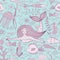 Seamless pattern with mermaid, fishes, coral, shell, seahorse and seaweeds.