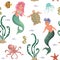 Seamless pattern with mermaid, merman, marine plants and animals. Cartoon sea flora and fauna in watercolor style.