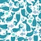 Seamless pattern with mermaid tails, starfishes, jellyfishes, shells. Blue nursery background.