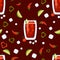 Seamless pattern with Mexican cocktail. Cherry limeade drink in glass with ice cubes, cherries and lime on dark burgundy