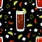 Seamless pattern with Mexican cocktails. Charro Negro and Cherry limeade drink in glass on black background with lime