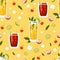 Seamless pattern with Mexican cocktails. Passion Fruit Mojito and Cherry limeade drink in glass on yellow background