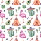 Seamless pattern with mexican ethnic elements:cactus,sombrero,maracas,teepee,guitar,flamingo