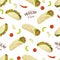 Seamless pattern with mexican food tacos and burritos. Fast food restaurant and street food snacks, meat tortillas, takeaway food