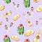Seamless pattern on a Mexican theme with green flowering cacti, guitar, colorful maracas and a straw hat. Watercolor background fo