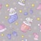 Seamless pattern with mice, socks, mittens, snowflakes.