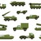 Seamless pattern with military transport on white background - tank, artillery tractor, rocket launching system