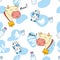 Seamless pattern with milk bottle and happy cow on white background, editable vector illustration for food decoration, fabric,