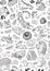 Seamless pattern with mix doddle animals in cartoon style. Black and white background