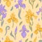 Seamless pattern of modern bright yellow and violet iris flowers. Botanical warm hand drawn style vector illustration