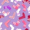 Seamless pattern with modern colorful socks. Trendy accessories in doodle style. Various cotton foot cloth. Cartoon