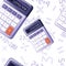 Seamless pattern of modern purple small calculator with basic function flat vector illustration on white background