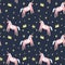 Seamless pattern with modern unicorns and stars, space constellations. Beautiful wall art wrapping paper or cloth texture with