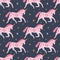 Seamless pattern with modern unicorns and stars, space constellations. Beautiful wall art wrapping paper or cloth texture with