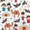 Seamless pattern Mongolian boy and girl national costume. Cartoon children in traditional dress. Hunter, hunting with an eagle,