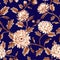 Seamless pattern monochrome from chrysanthemum with leaves on blue background. Hand drawn watercolor illustration brown